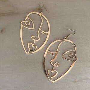 Lovisa oversized gold tone abstract face dangle earrings Picasso 4"
